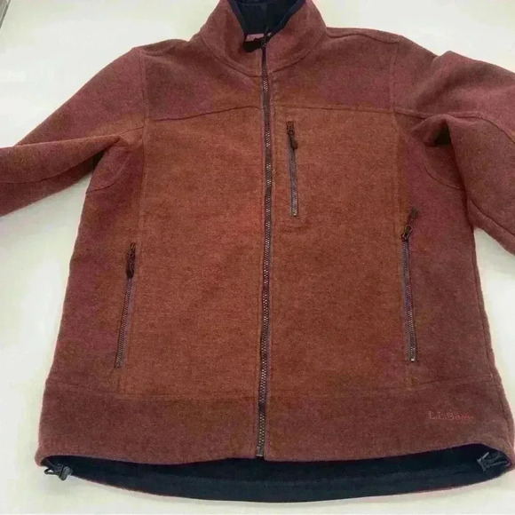 L.L. Bean Fleece Lined Wool Blend Full Zip Sweater Burgundy & Black Blend Size M - Picture 7 of 9
